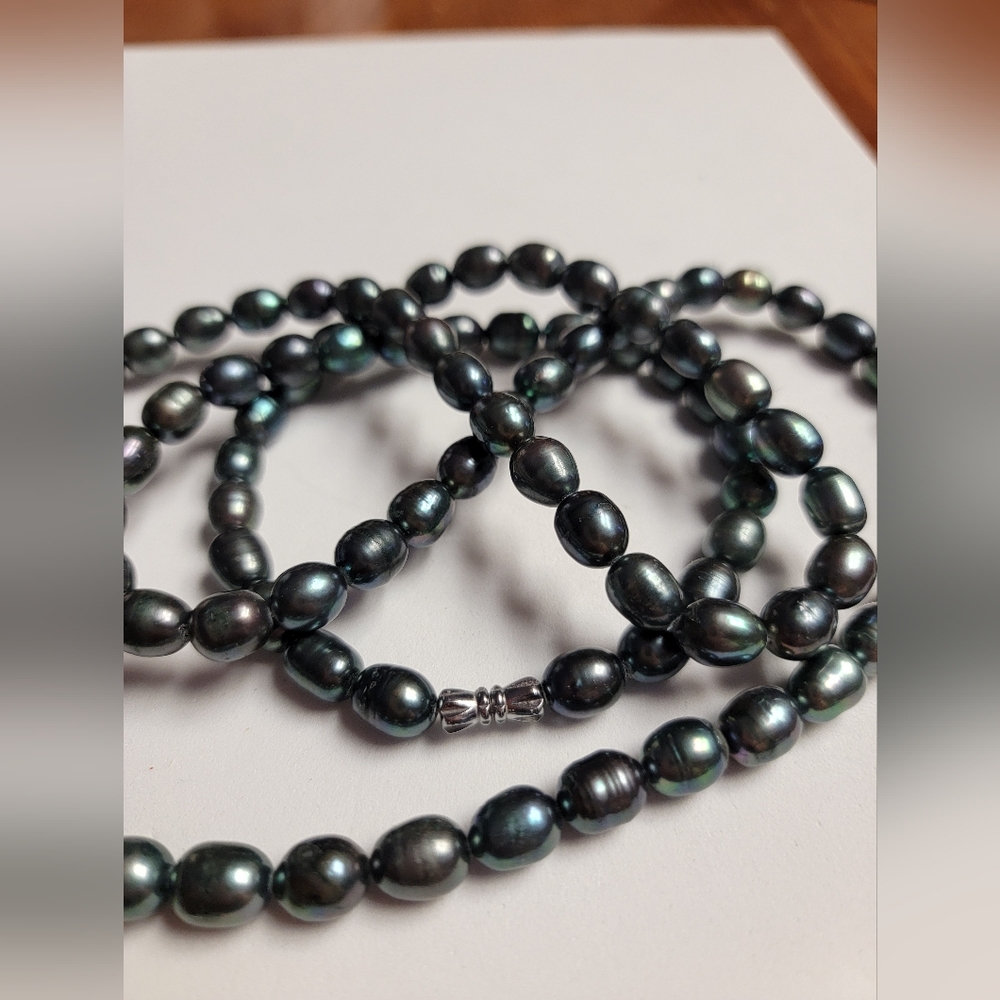 Baroque Peacock Black Freshwater Pearl Necklace 19.5" drop Silver screw clasp
